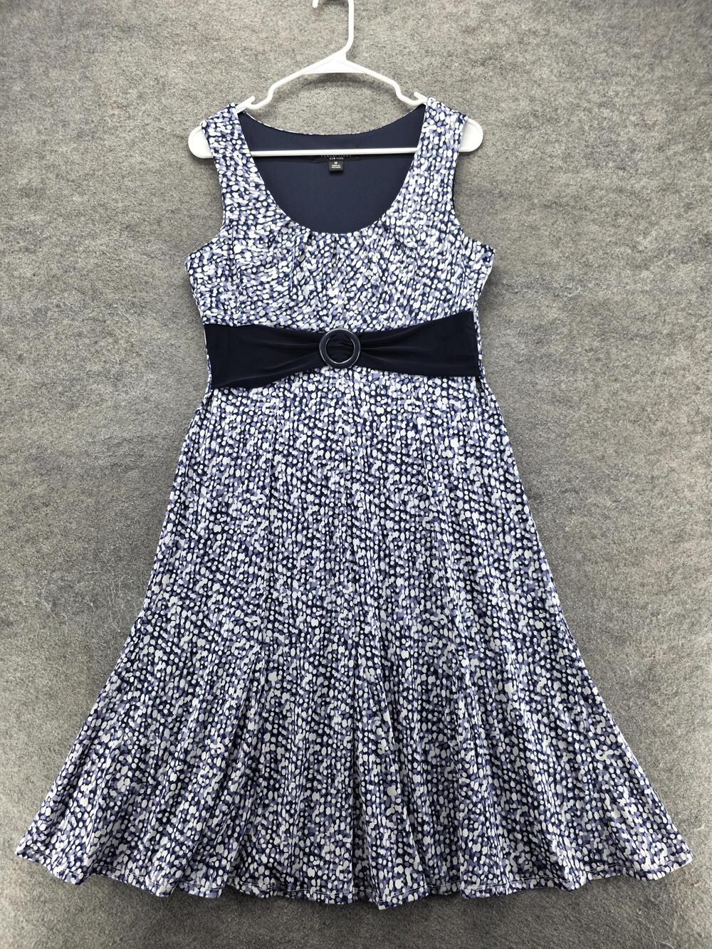 Perceptions New York Dress Womens M Blue Fit & Flare Long Scoop Neck Polka Dot